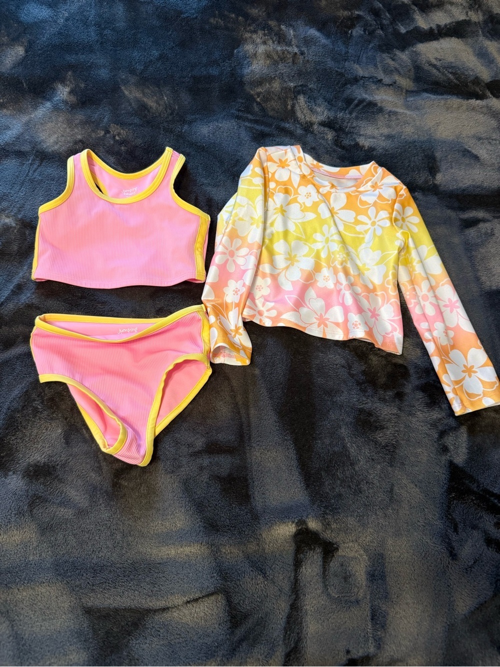 jumping beans Pink & Yellow Girls 3-Piece Swim Set with Floral Rash Guard